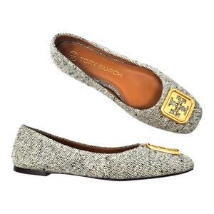 Tory Burch Georgia Ballet Flats Square Toe Rustic Linen Wool Gold 87306 Size 8 M